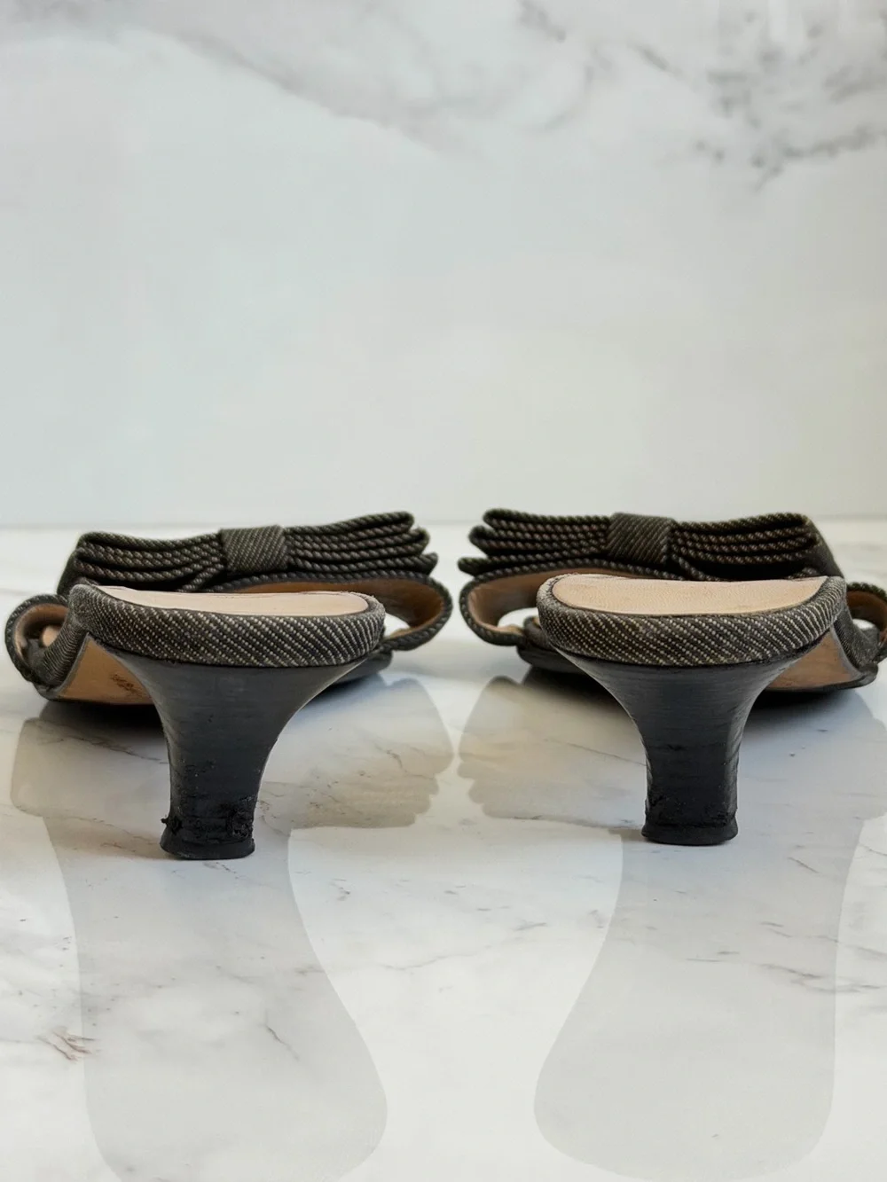 Rare Vintage Chanel Denim Black CC Logo Bow Kitten Heel Mules